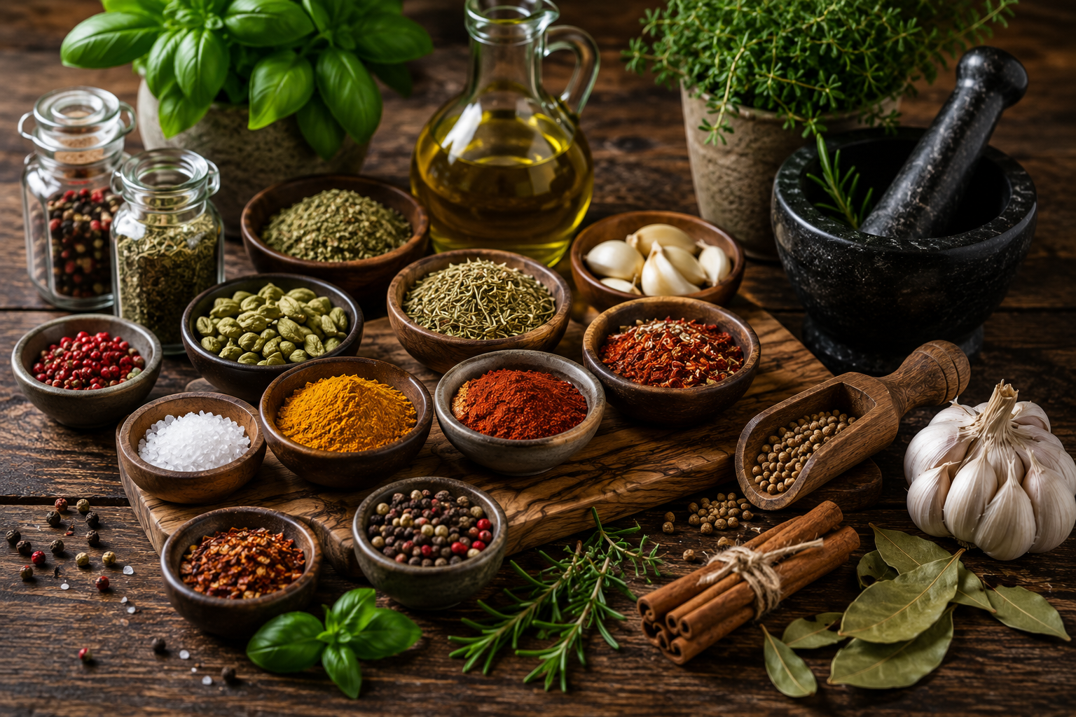 Bowls of spices, fresh herbs, and a mortar and pestle on a wooden table