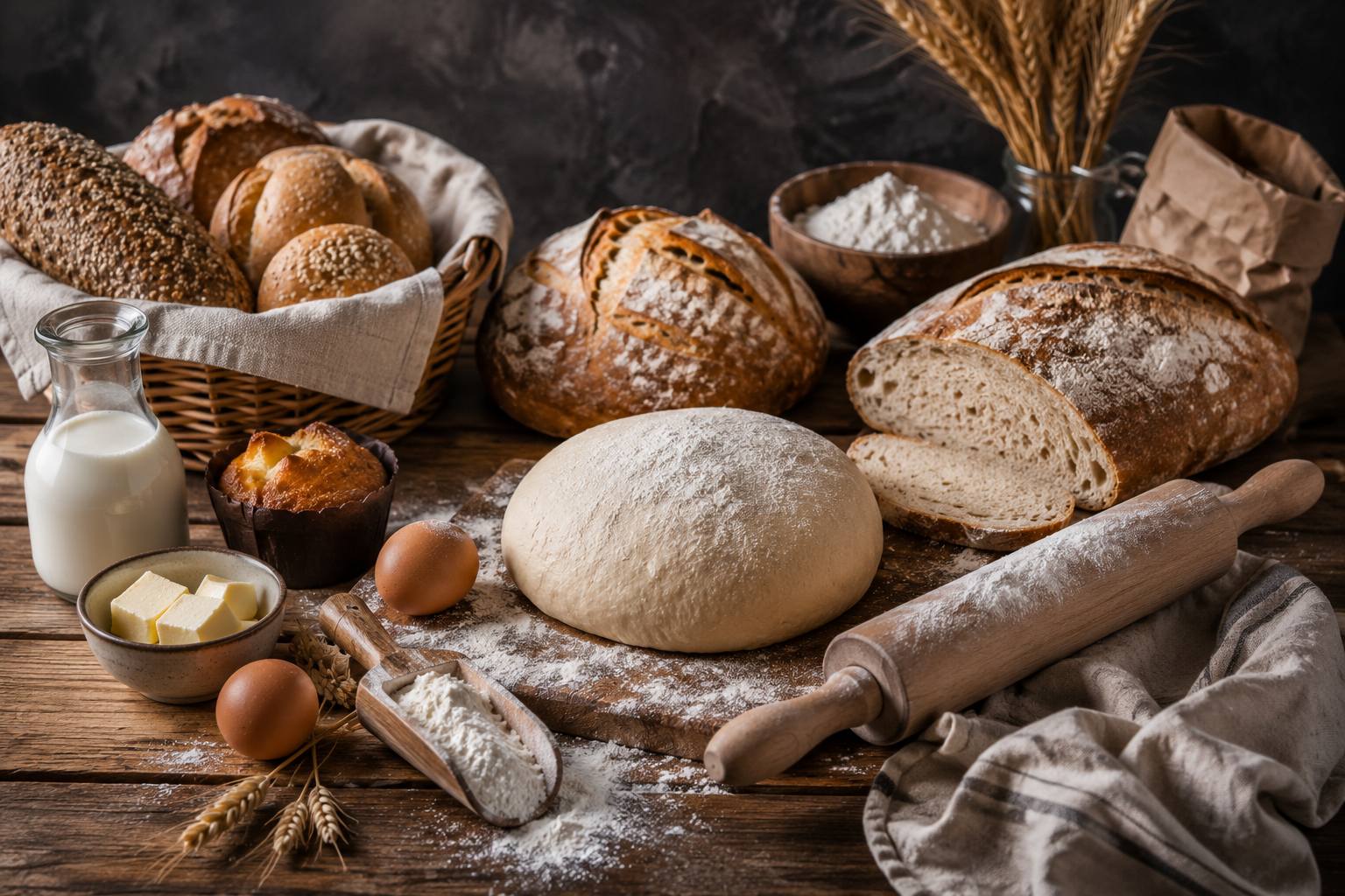 Freshly baked bread loaves, rolls, and dough on a rustic table