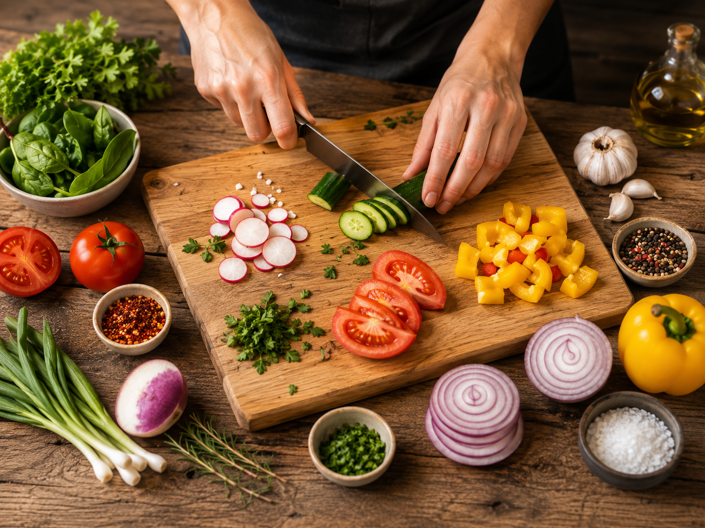 Hands slicing cucumbers, tomatoes, and peppers on a wooden cutting board