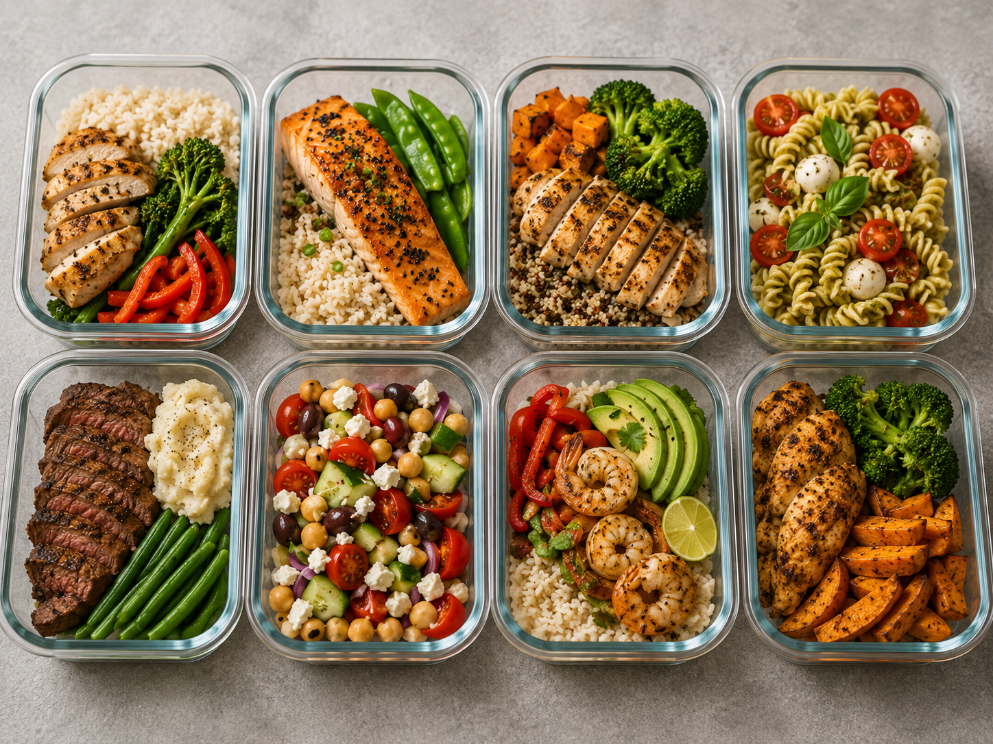 Eight glass meal-prep containers with balanced, colorful meals
