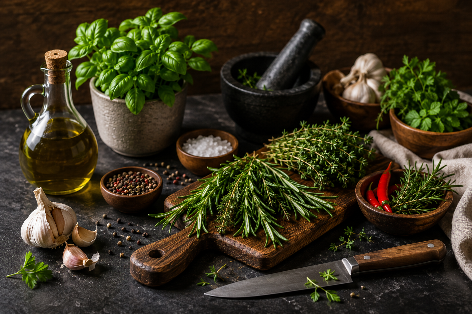 Fresh herbs, garlic, and a chef's knife on a rustic wooden board