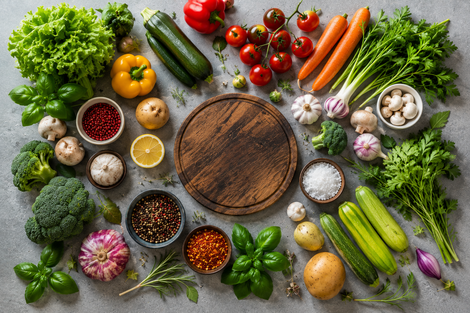 Overhead view of fresh vegetables and herbs arranged around a wooden cutting board